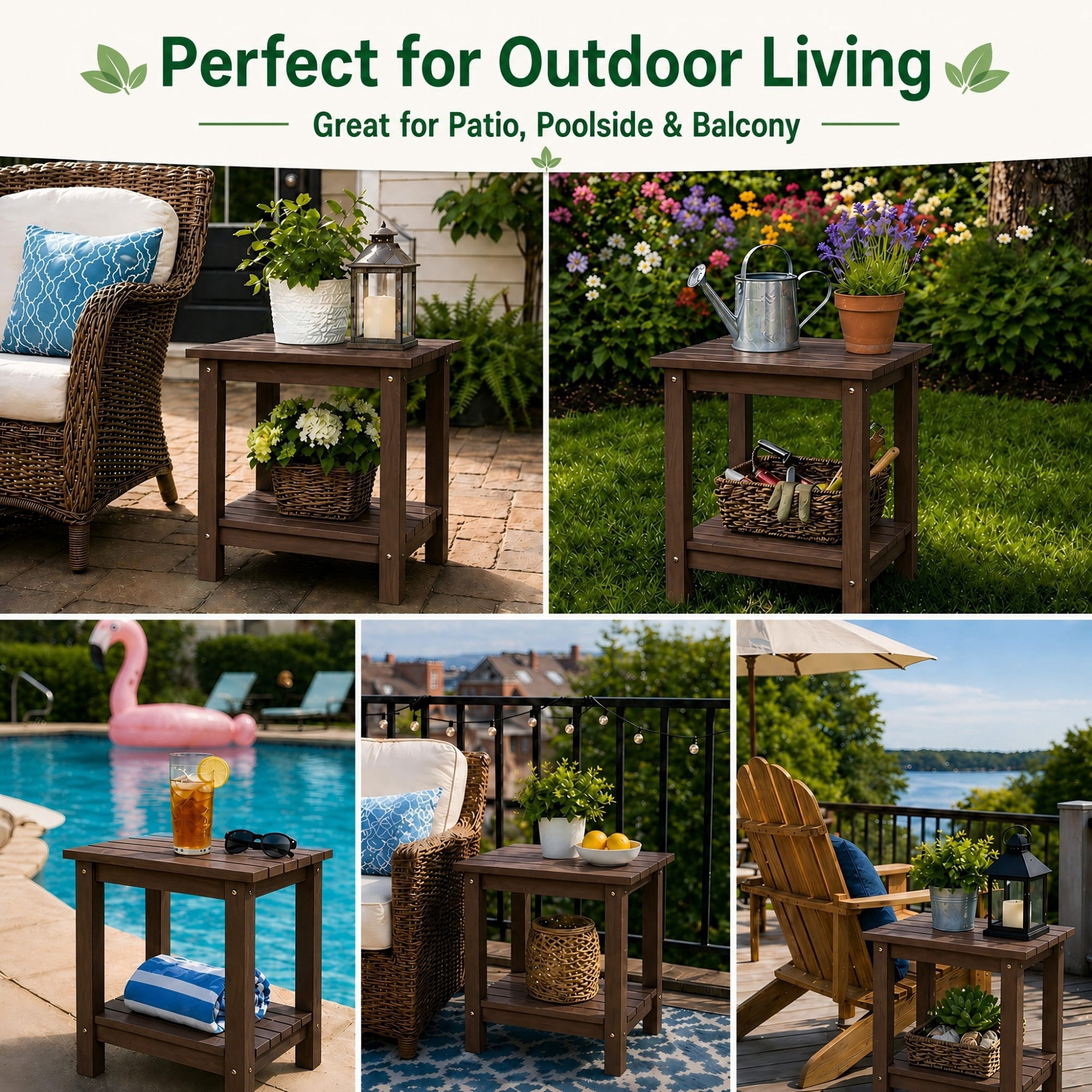 Y&M Outdoor Side Table, HIPS Adirondack Small Double Layer Table, Waterproof Square Balcony Modern End Tables for Patio, Pool, Beach, Porch, Deck, Indoor or Outdoor Use, Coffee