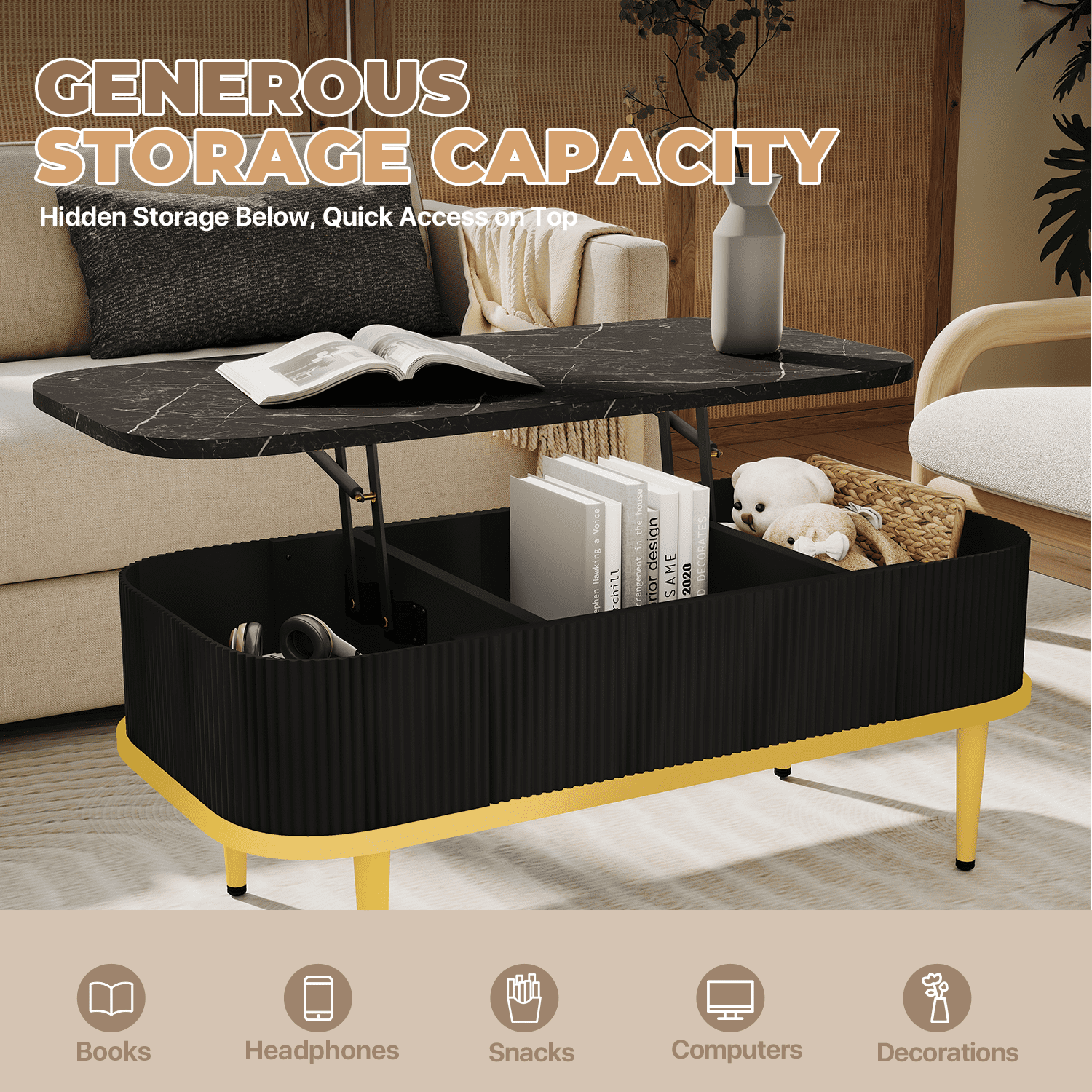 BaPiPro 39" Lift Top Coffee Table with Storage, Modern Fluted Rectangle Center Table with Hidden Compartment for Living Room, Home Office, Black