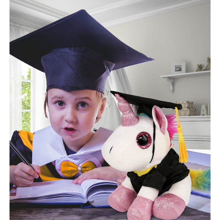 DolliBu Sparkle Eyes White Unicorn Graduation Plush Toy Super Soft Graduation Stuffed Animal Dress Up Gown and Cap with Tassel Cute Congratulatory