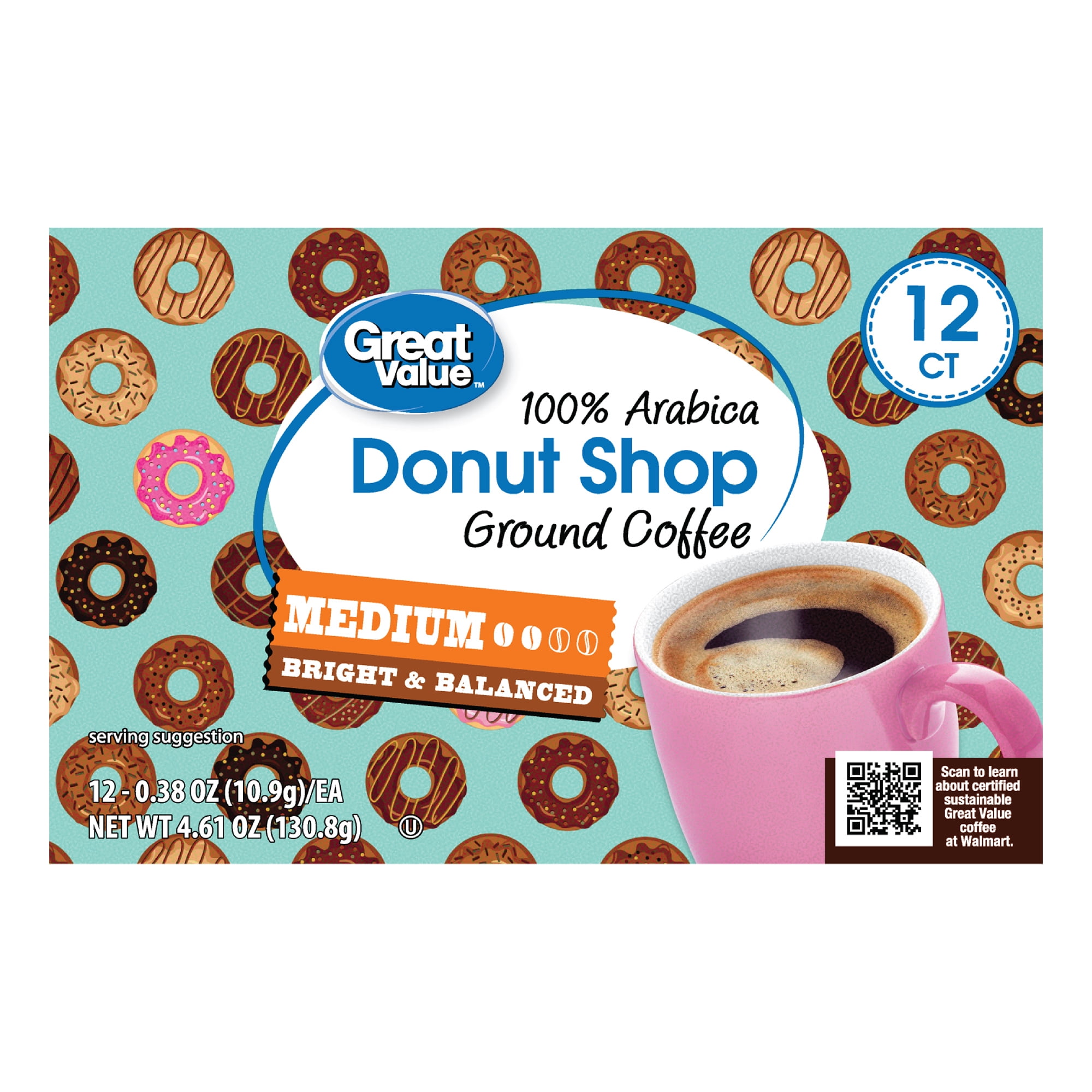 (3 pack) Great Value Donut Shop 100% Arabica Medium Roast Ground Coffee Pods, 12 Count