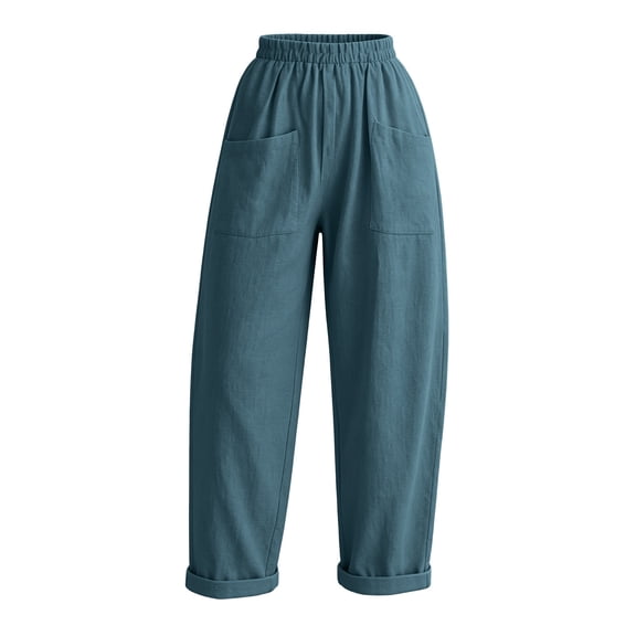 HomeDM Women's Pants Wide Leg Casual Loose Cotton Linen Elastic Waist Trousers Blue Lounge Pants for Athletic Work Size L