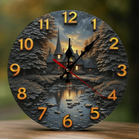 Wall Clock Decorative - Vintage Blue Cottage Scene Print 2D Vintage Wall Clocks Battery Operated Silent Non-Ticking for Bedroom, Living Room, Kitchen, Office, Classroom, 10 Inch