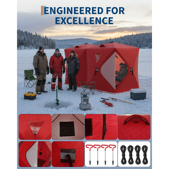 Insulated Pop-Up Ice Fishing Tent for 6-8 People - Windproof Hub-Style Shelter with 210D Oxford Fabric - Quick Setup, Includes Anchors, Ropes & Carry Bag - Single Compartment, Red