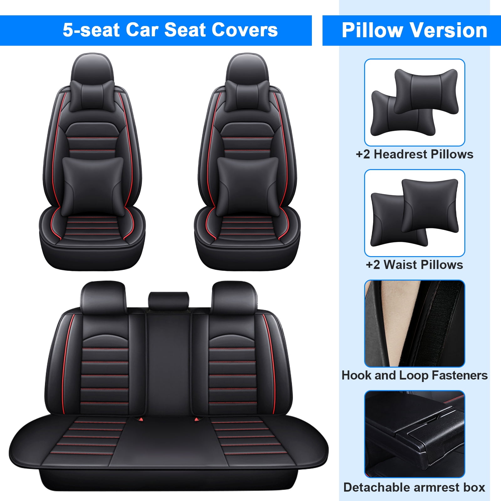 Fit for Ford Escape 2002-2025 Car Seat Cover, 5-Seat Breathable Faux Leather Automotive Cushion Protector with Pillows for Fiesta Fusion Mondeo Taurus Black Red