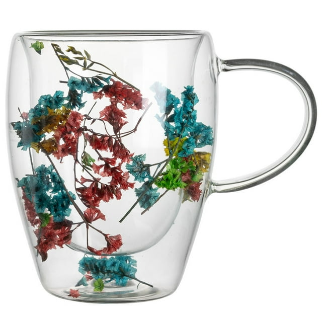 Taza colorida de cristal floral de doble pared, 350 ml