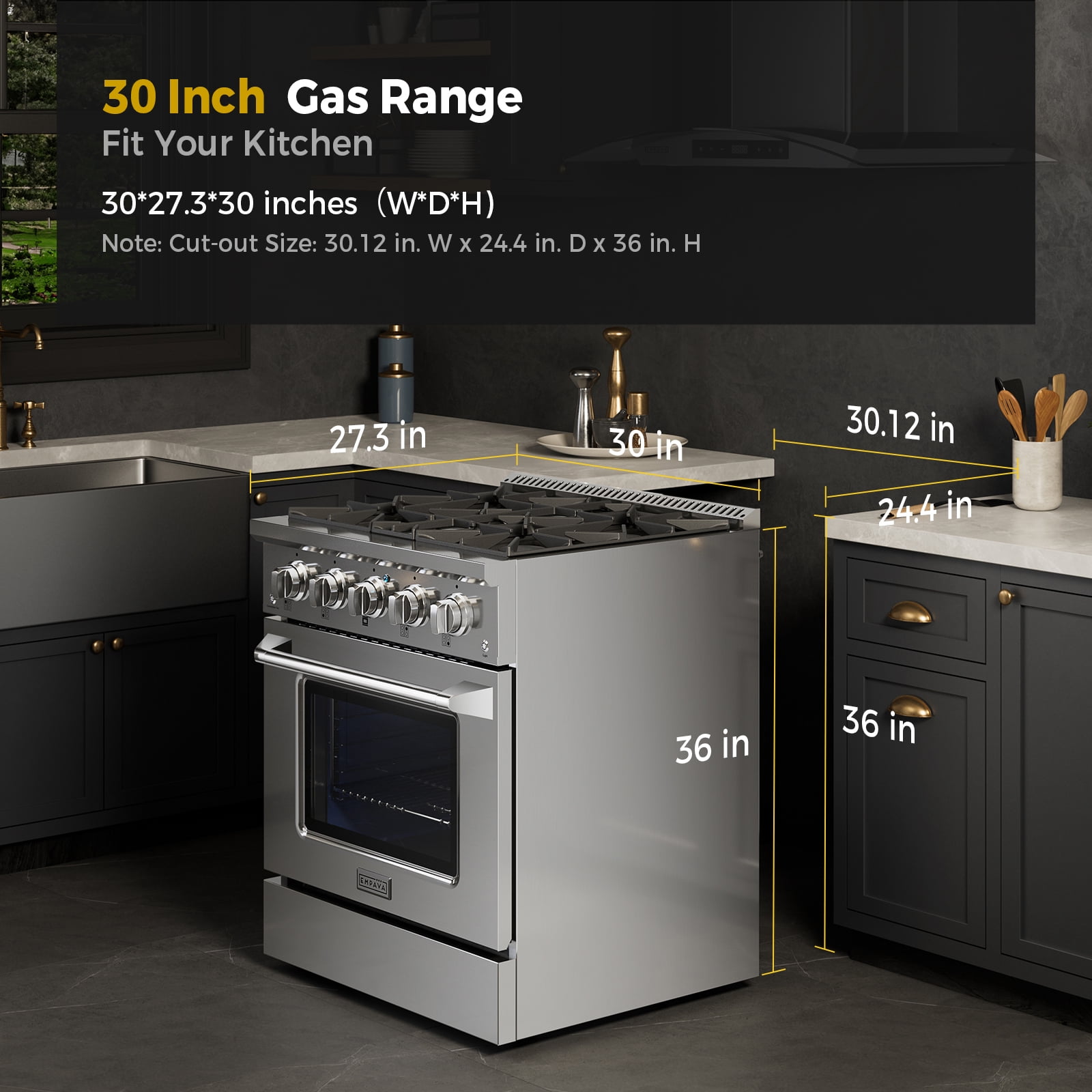 Empava 30 in. 4.2 cu. ft. Pro-Style Slide-In Single Oven Gas Range with 4 Sealed Ultra High-Low Burners - Heavy Duty Continuous Grates in Stainless Steel