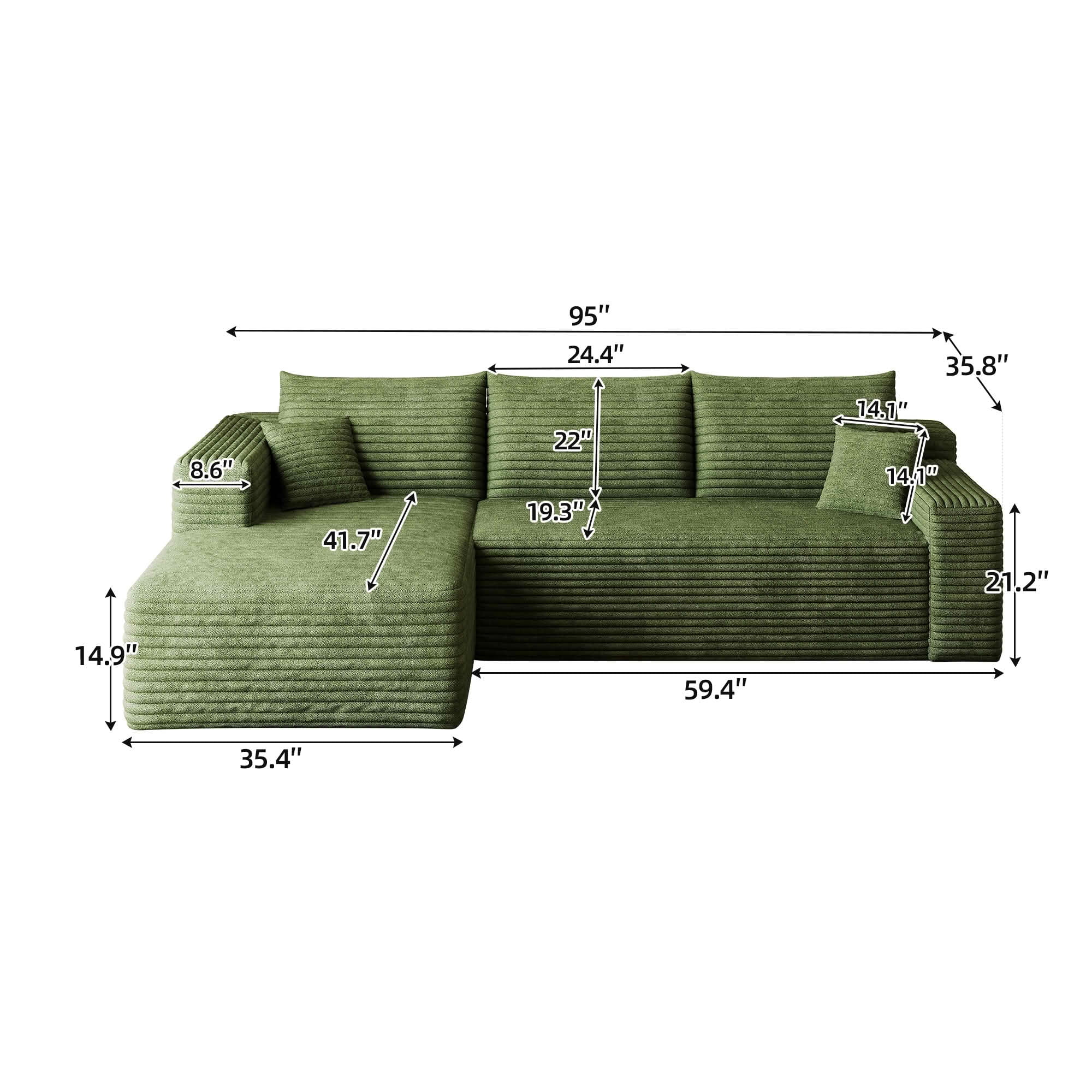 MAYEERTY 95" Corduroy L-Shaped Sectional Sofa, Modern Minimalist Deep Seat Corner Couch with Chaise, No Assembly Leisure Sofa for Home
