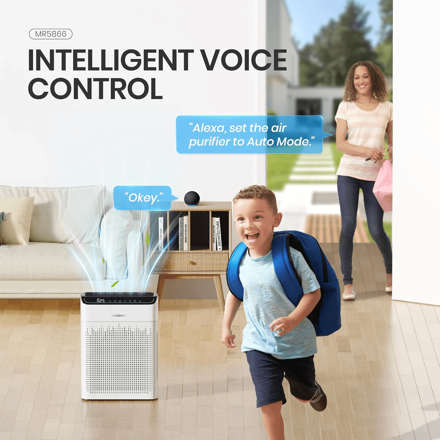 MORENTO Smart Air Purifier for Home Bedroom Large Room Up to 1290 Sqft, Wi-Fi and Alexa compatible, Double-sided HEPA Filter Air Cleaner for Smoke, Dust, Pollen, Pet Hair, Odor, White