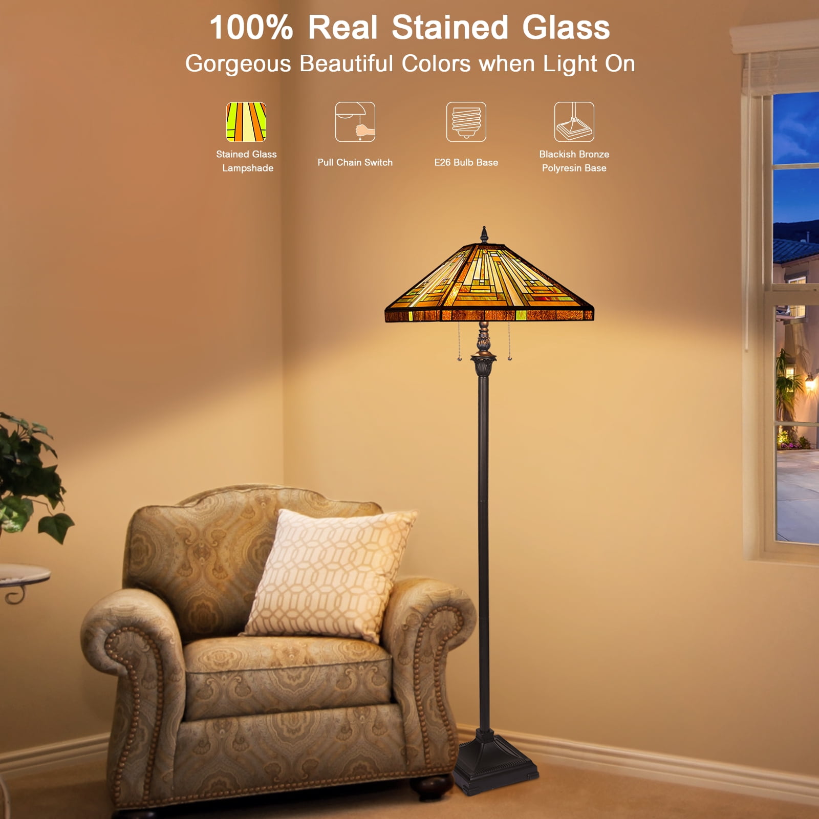 Tiffany Floor Lamp Mission Style Blue Stained Glass Floor Light for Reading Antique 16" Double Light Standing Lamp for Living Room Bedroom Home Office