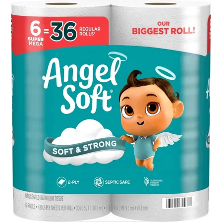 Angel Soft Toilet Paper, 6 Super Mega Rolls = 36 Regular Rolls, Soft And Strong