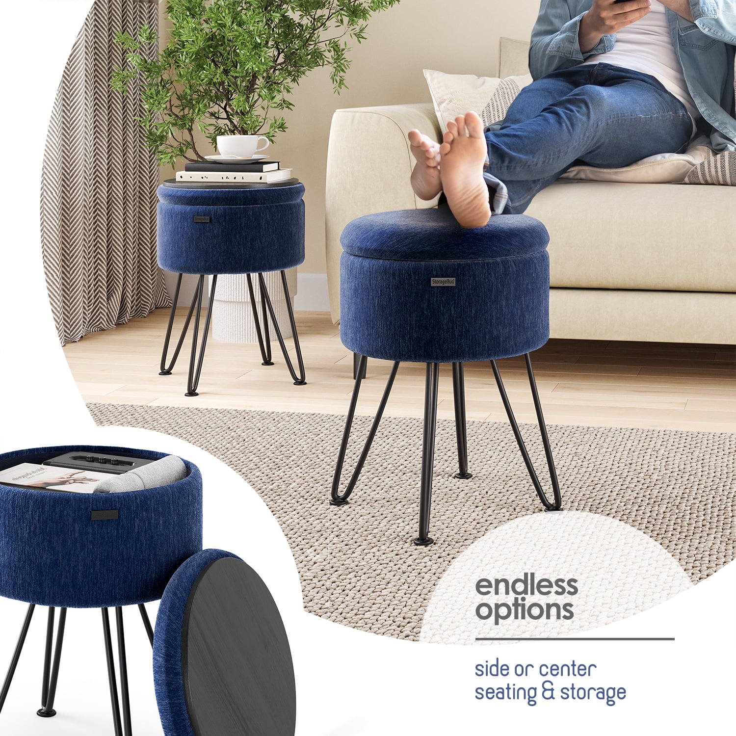 Hearth & Harbor Round Ottoman with Storage, Luxurious Foot Stool and Chic Vanity Stool with Storage, Elegant Textured Velvet Blue