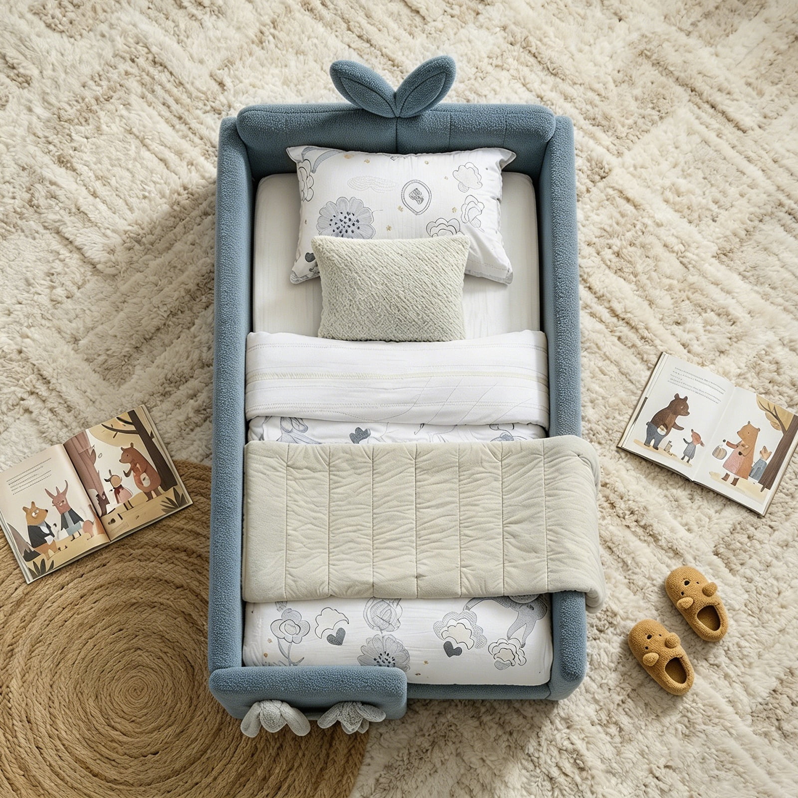 Deiokin Twin Size Bunny Ear Platform Bed Frame, Upholstered Boucle Fabric Bed Frame with Safety Rail & Storage Pocket