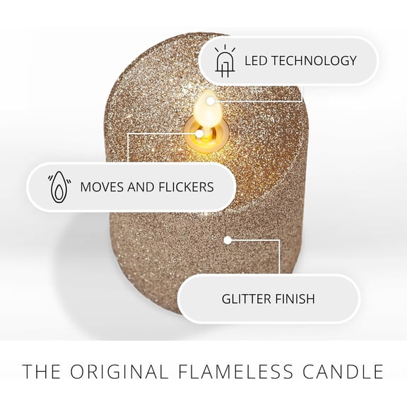 Pre-Owned Luminara Realistic Artificial Flame Glitter Pillar Candle - Moving Flame LED Battery Operated Lights - Unscented - Remote Ready - Remote Sold Separately - Gold - 3" x 4"