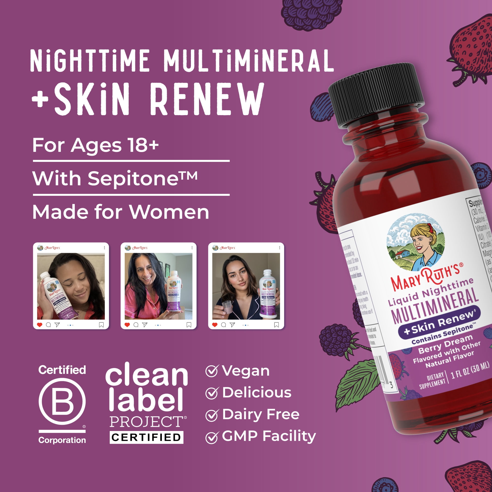 MaryRuth's Nighttime Multimineral Liquid and Skin Renew Travel Pack Berry 8-Pack 1 fl oz