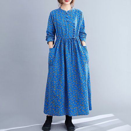 Women Spring Autumn Dress Cotton Linen Floral Print O-Neck Long Sleeves
