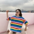 thumbnail image 6 of T-Shirt Rainbow Striped Tops Harajuku Summer Short Sleeve Korean Punk T-shirt Blue Striped M, 6 of 8