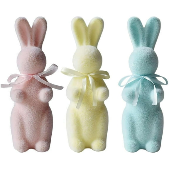 Easter Decorations Flocked Bunnies Figurine with Bow Tie, Easter Bunny Flocked Decor, Artificial Rabbit Flock-Covered Bunny Decor for Holiday Home Office Table Centerpieces ( 3 pcs,Multicolor)
