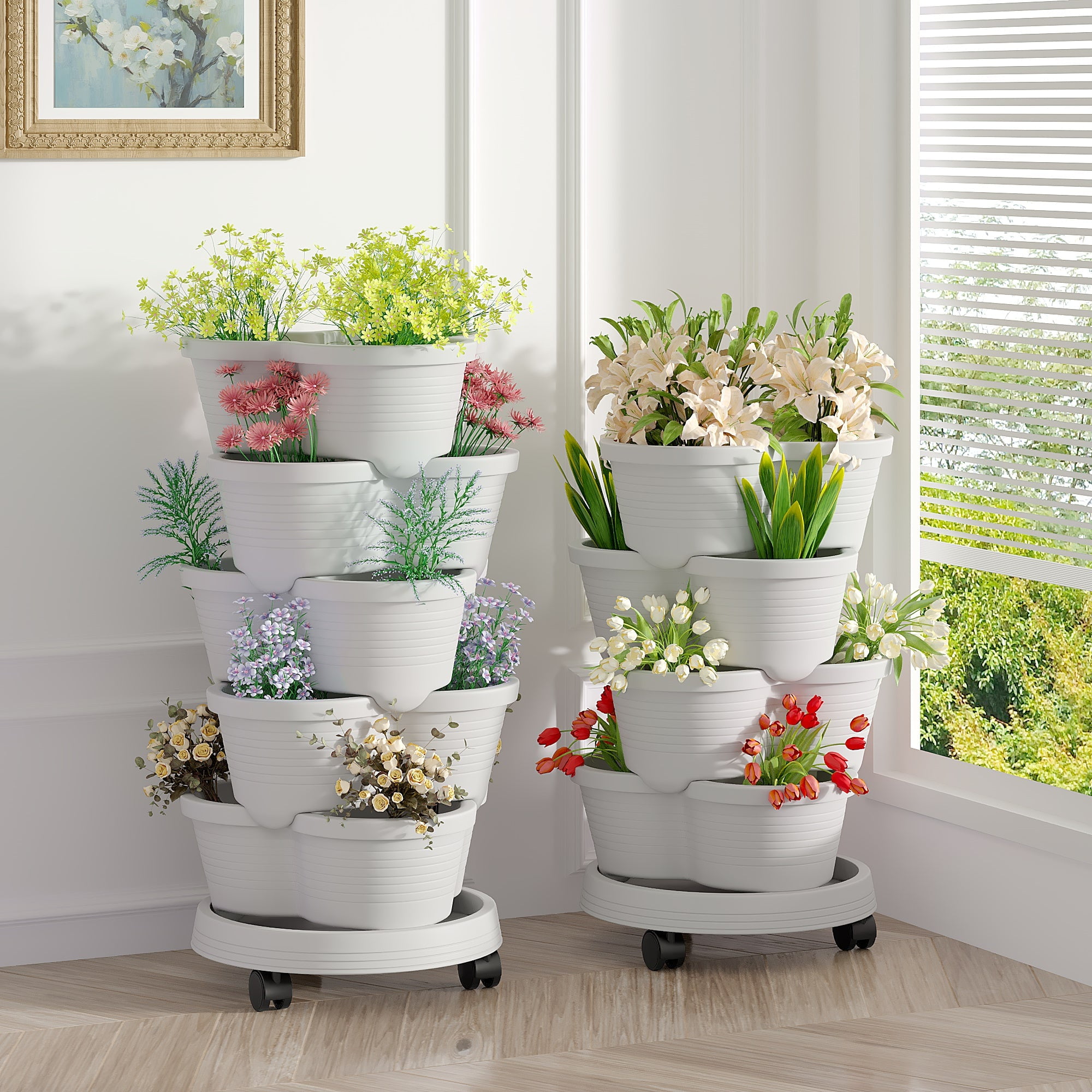 VECELO Stackable Planters 5 Tier Vertical Gardening Planter, Stackable Garden Tower Indoor Outdoor Pot For Strawberries, Flowers, Herbs, Vegetables With Removable Wheels, Gray