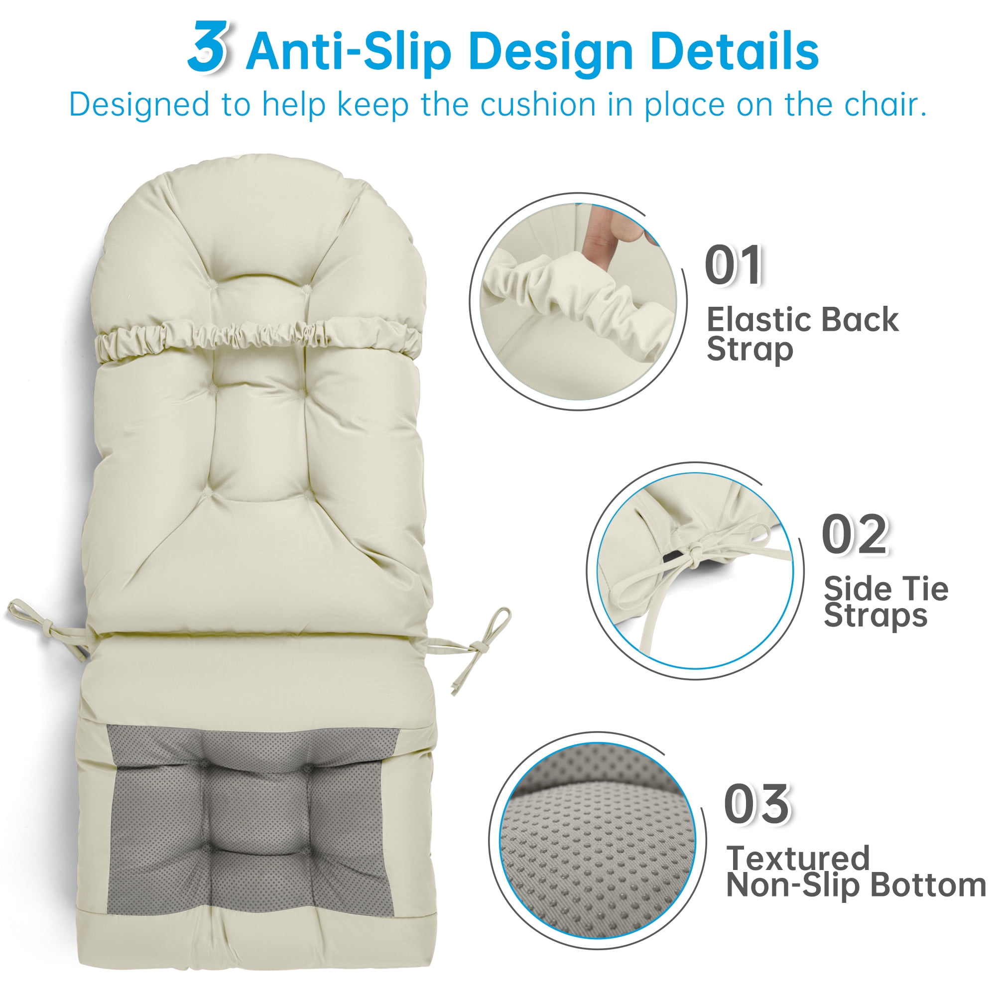Millsilo Outdoor Rocking Chair Cushion 44" x 19" x 4", Summer Patio High Back Rocker Cushion, Water-Resistant, UV Fade-Resistant, Non-Slip Bottom, Beige