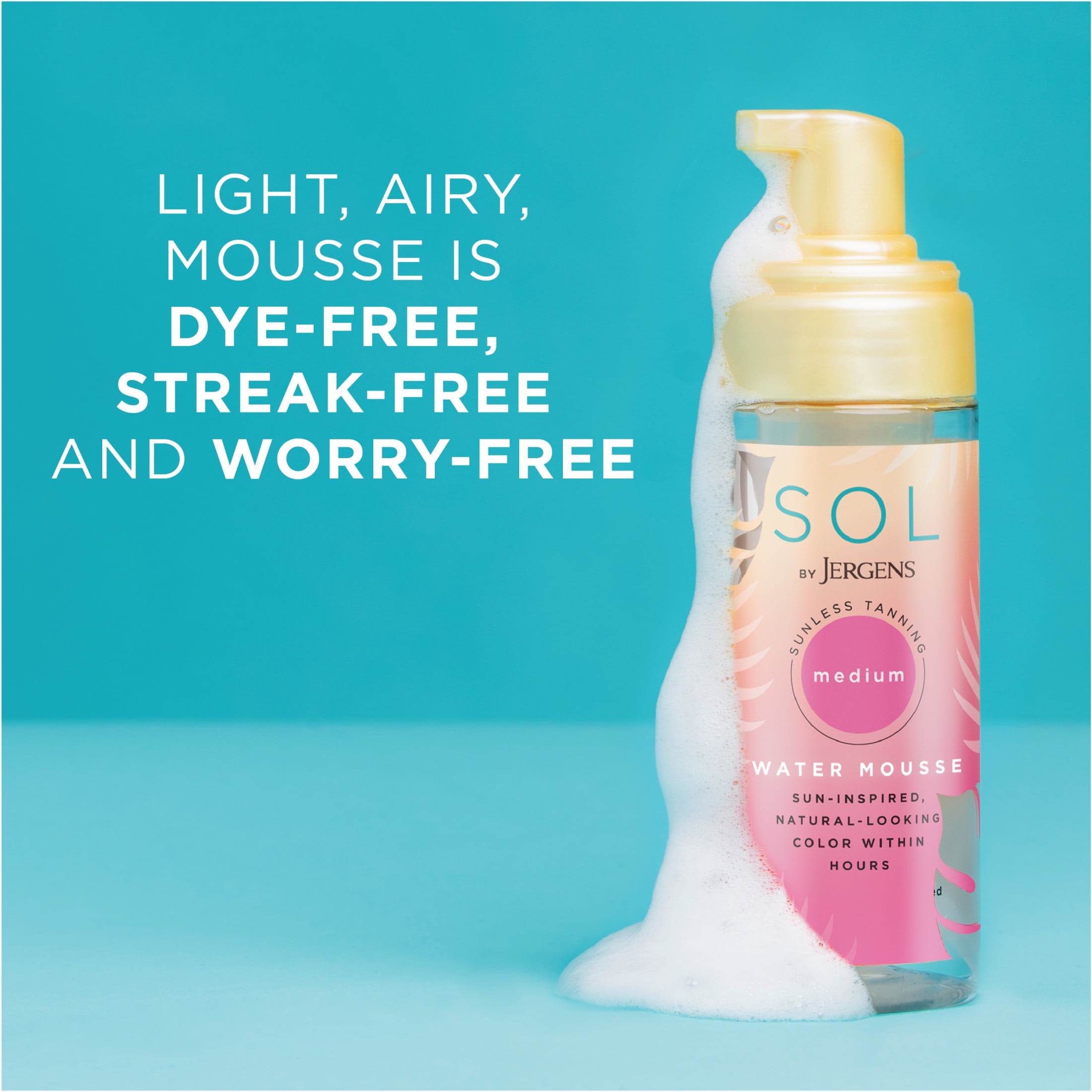 SOL by Jergens Medium Water Mousse, 5 Ounce, Water-based Self Tanner with Coconut Water, Dye-free Sunless Tanner Foam Derived from Natural Sugars