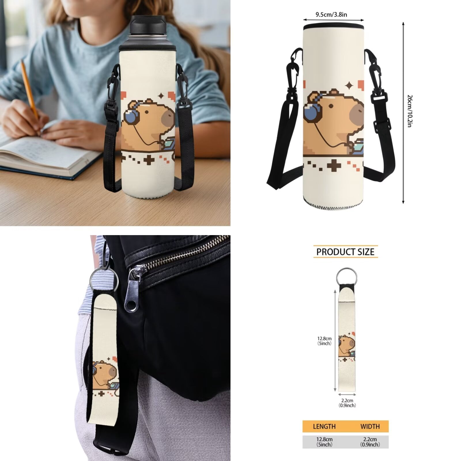 Pzuqiu Art Capybara Girls Backpack with Lunch Box Water Bottle Bag Kawaii Backpacks for School Girls with Adjustable Shoulder Strap, 5 pcs Kawaii Large Capacity Student Bag