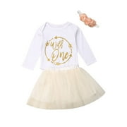 Baby Girls 1st Birthday Cake Outfits Set Romper Bodysuit Tutu Dress Flower Headband Clothes 3pcs
