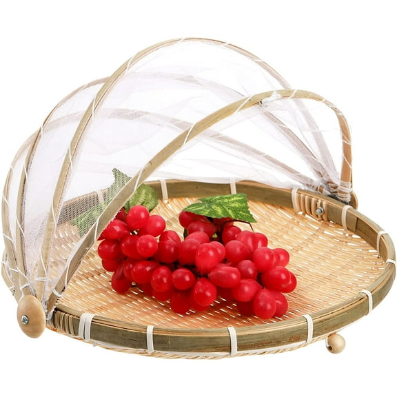 Bamboo Fruit Basket, Round Bamboo Tent Basket with Lid, Hand-Woven Food Serving with Mesh Gauze Covers Vegetable Fruits Bread Storage Container for Outdoors Picnic Dustproof