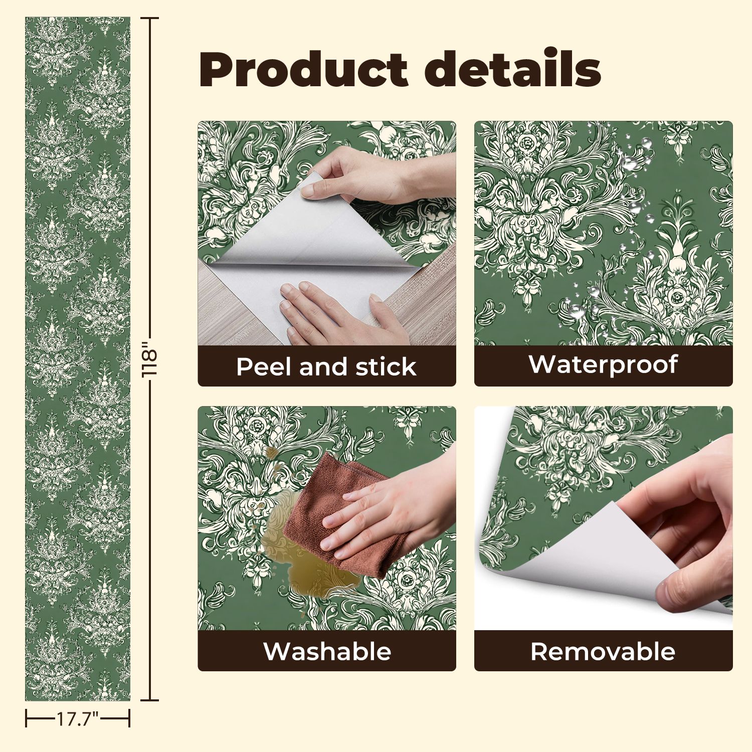 Vintage Peel and Stick Wallpaper 17.7in x 9.8ft Elegant White Floral Damask Green Contact Paper Vinyl Waterproof Self Adhesive Wall Paper for Bedroom Shelf Cabinet Renter Friendly