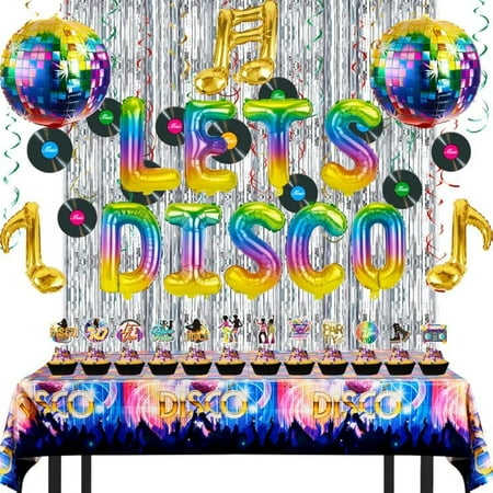 Disco Party Decorations, 70s 80s 90s Disco Party Balloons Decoration, Silver Fringe Sequin Backdrops, Disco Theme Tablecloth, Cake Topper for Bachelorette Birthday Hip Hop Party