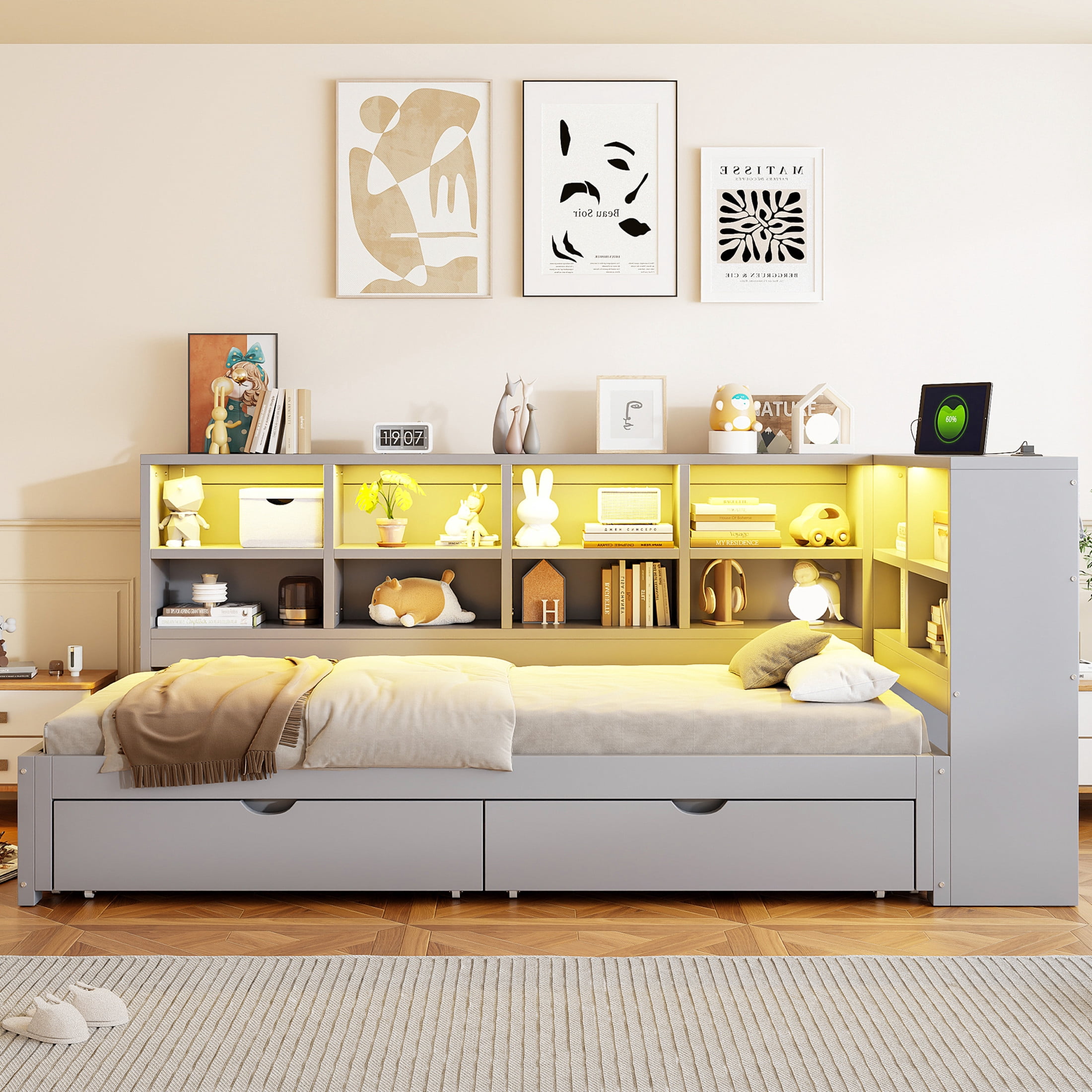 Noble House Corvella Twin XL to King Expandable Daybed with Storage Drawers, Open Shelves, LED and USB, Gray