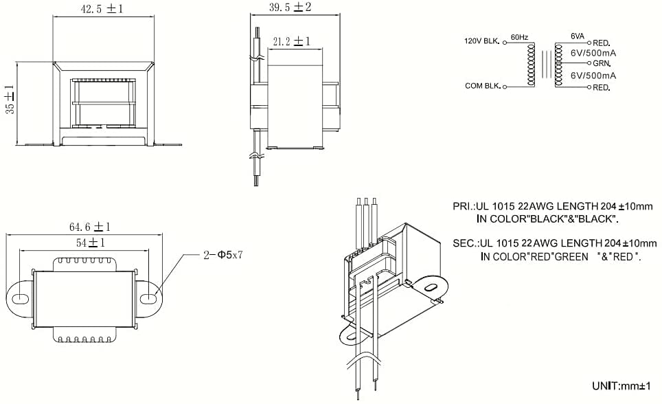 HQRP 120V-AC to 12V-AC Transformer Center Tapped CT 6V-0-6V 0.5A 120v-to-6v-0v-6v Replacement