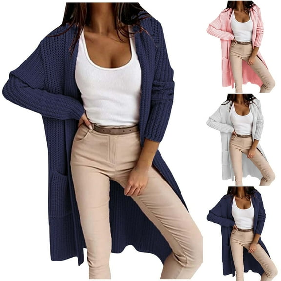 BiZtdJrK Womens Comfy Sweater Cardigans Knee Length Long Sleeve Open Front Knit Sweaters Solid Casual Fall Outwear with Pockets Pink L