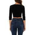 thumbnail image 3 of MODA NOVA Juniors Party V Neck 3/4 Sleeves Cropped Velvet Blouse Black XS, 3 of 6
