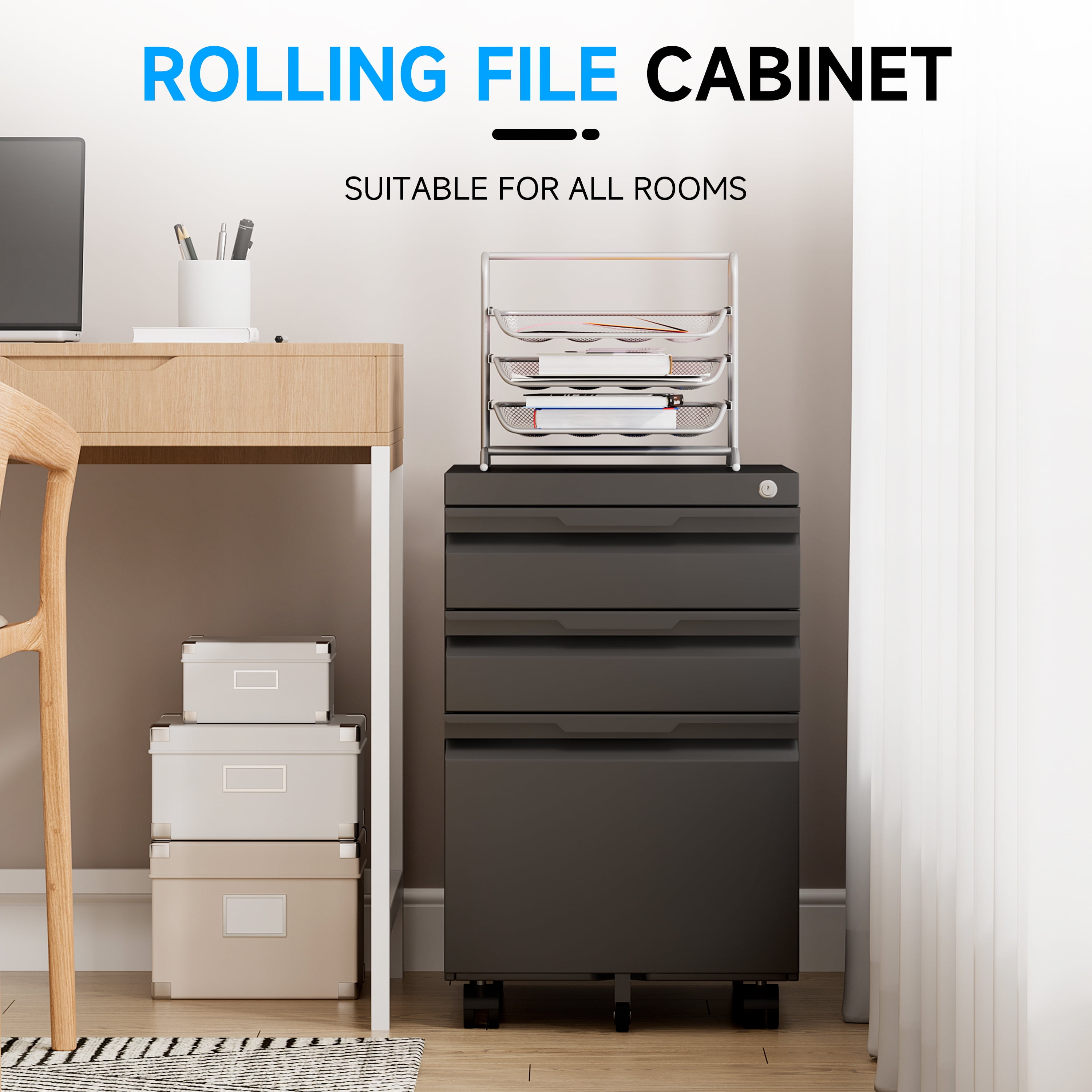 Bestoo 3 Drawer Mobile File Cabinet, Metal Lockable Rolling File Cabinet for Home Office, Fit Letter/Legal/A4 Size (Black)