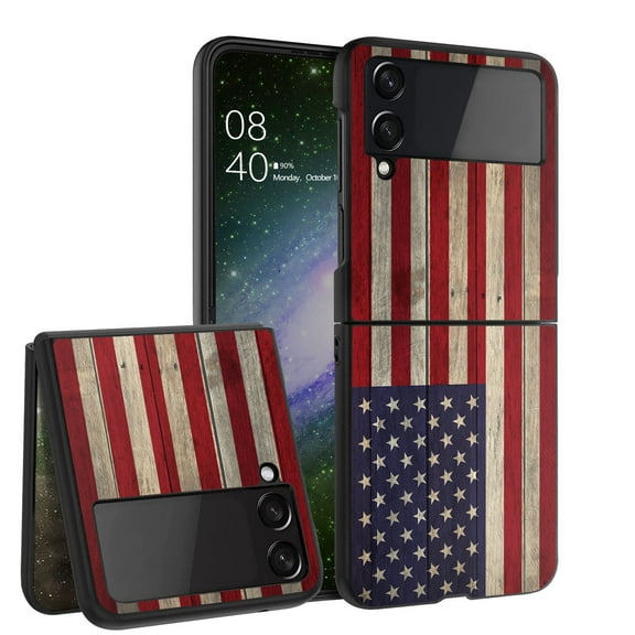 ANJ Hard Protective Printed Case Cover Compatible with Samsung Galaxy Z Flip 4 - American Flag on Wood