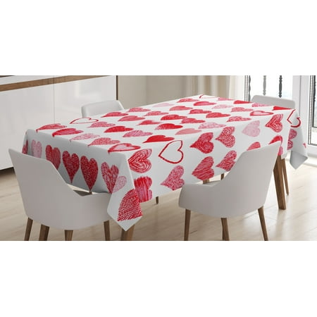 Valentine Tablecloth Valentines Day Tablecloth, Hearts Collection Symbols of Love Hand Drawn Style Romantic Art, Rectangular Table Cover for Dining Room Kitchen, 52 X 70 Inches, Vermilion Pink White, by Ambesonne ()