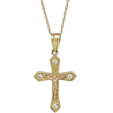 Simply Gold Kids' Precious Sentiments 10kt Yellow and Pink Gold Small Crucifix Cross with CZ Pendant, 14