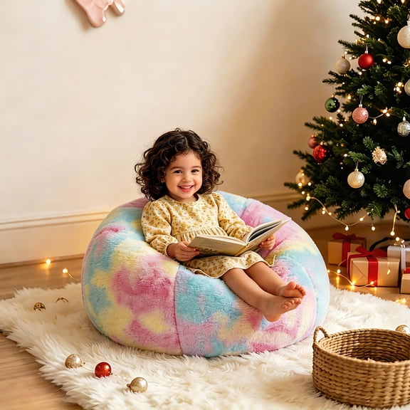 Kids Faux Rabbit Fur Memory Foam Round Bean Bag Chair, Rainbow
