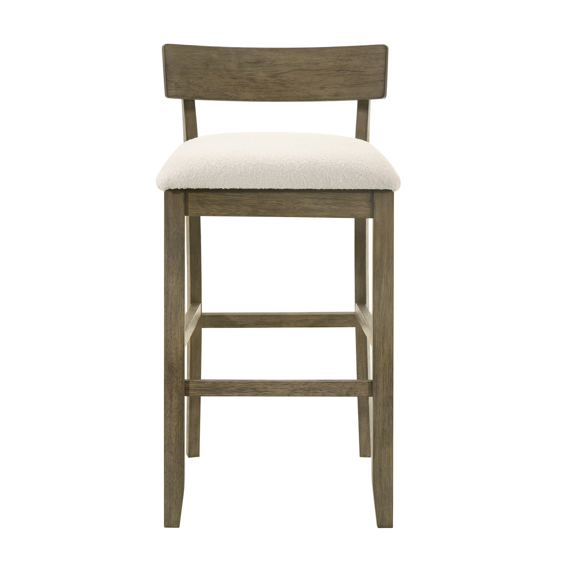 Merie Modern Transitional Wood Bar Height Kitchen Bar Stool in Putty Brown Finish with White Boucle Fabric Upholstered Seat