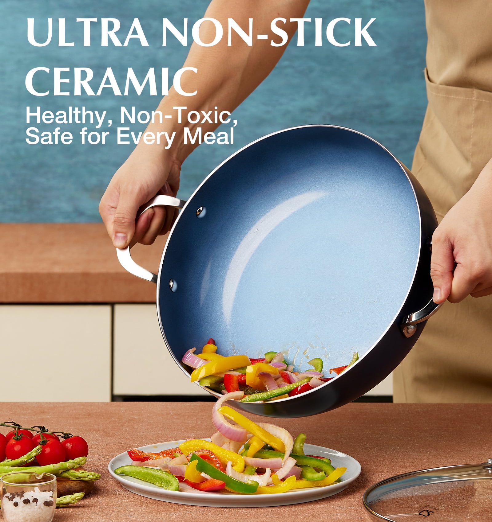 Koch Systeme CS 12 inch Saute Pan with Lid, 5.5-Quart Deep Frying Pan with Nonstick Ceramic Coating, Oven Safe, Induction Compatible, Gradient Blue