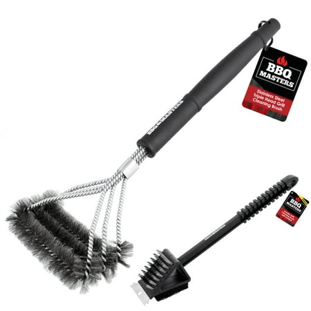 18" Stainless Steel 3-In-1 BBQ Grill Cleaning Brush - Heavy Duty Triple Bristle Head, Cleans Grates Fast