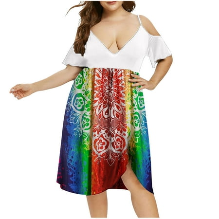 

YanHoo Women s Plus Size Dresses Deep V Neck Short Sleeve Waist Midi Dress Loose Boho Beach Party Dress