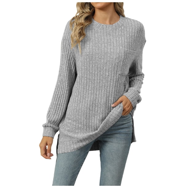 Jersey ligero de manga larga y cuello redondo para mujer - Jersey túnica informal, poliéster de color liso, tallas S-XXL para el otoño