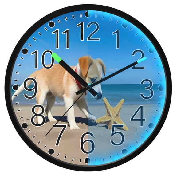Ryvnso Dog on Beach 12 Inch Night Light Wall Clock Silent Battery Operated Luminous Clocks
