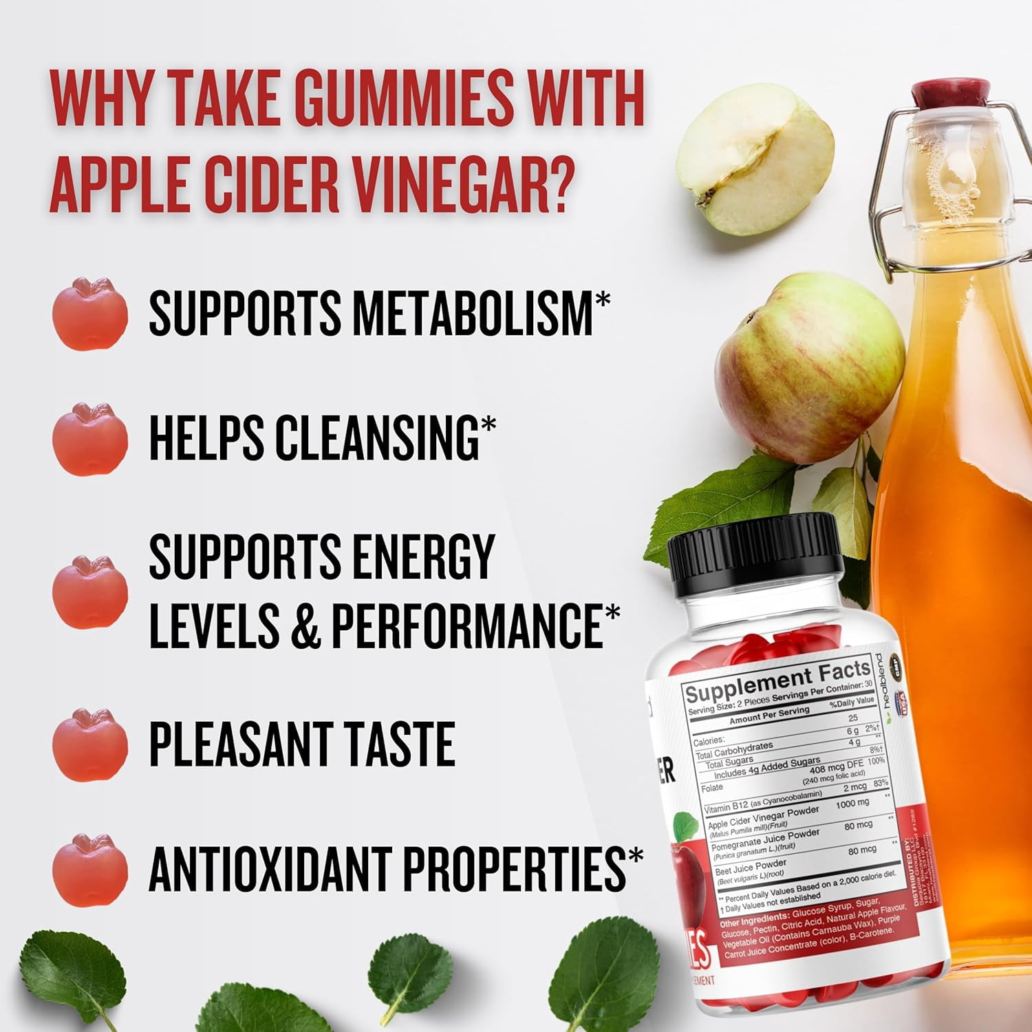 Healblend Apple Cider Vinegar Gummies - ACV 1000mg Advanced Weight Loss, Metabolism Booster, Antioxidant Support Supplement with Vitamin B12, for Women & Men 2-Pack