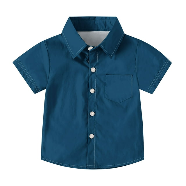 Short Sleeve Casual Shirt for Kids, Solid Color with Front Pocket, Polyester Blend, Breathable Comfort Fit, Hawaiian Style Print, for School Uniform or Daily Wear