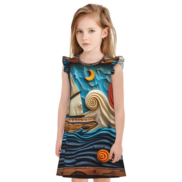 Fotbe Whimsical Sailboat Ocean Art Vestido de Dormir para Niñas de 3 a 10 Años, Mangas Cortas, Estilo Princesa, Pijama Camisón con Mangas Voladas-Small