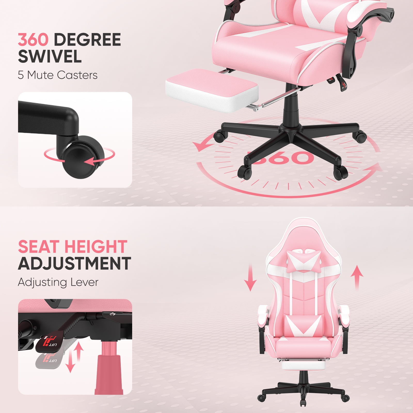 SOONTRANS Pink Gaming Chair, Adult Game Gamer with Footrest & Massage Lumbar Pillow , Ergonomic High Back Office Chairs with Bunny Ear, Pink