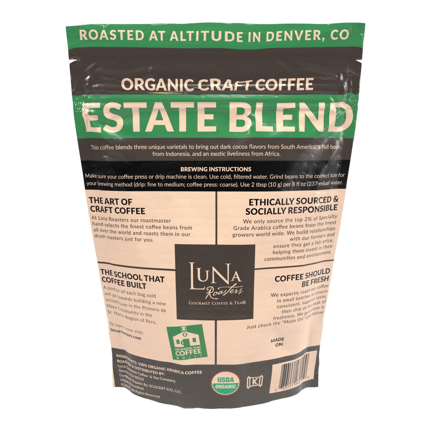 Luna Roasters Organic Estate Blend Craft Whole Bean Coffee, Dark Roast (30 oz.)