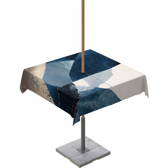 Fsddascl Navy Blue Brown Outdoor Tablecloth - 54x54 Inch Square Dining Table Cover, Modern Geometric Abstract Art Waterproof Outdoor Table Cloth with Umbrella Hole & Zipper for Picnic/Patio/Party